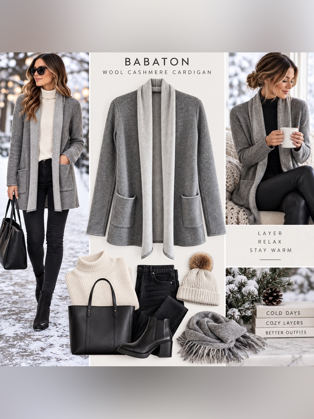Babaton Gray Wool Cashmere Long Open Cardigan Sweater Pockets - Picture 2 of 16